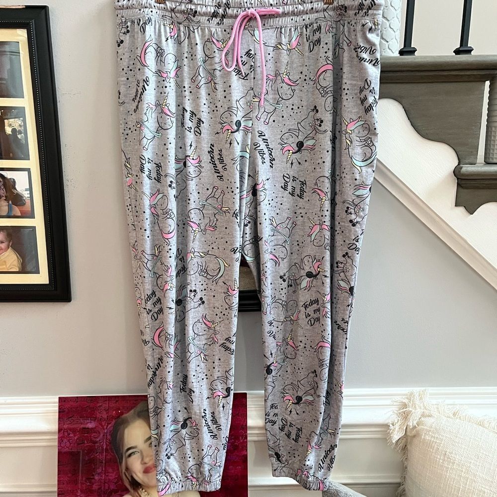 Briefly Stated Gray Happy Unicorn Jogger Pajama Pants sz 2X EUC